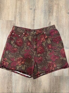 Vintage Halston Heritage Burgundy Floral High-Rise Denim Shorts